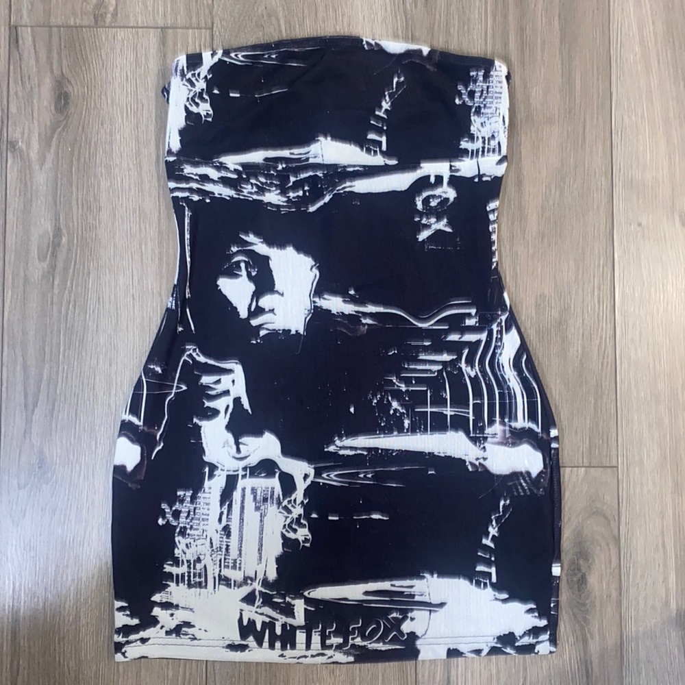 white fox black and white printed mini dress